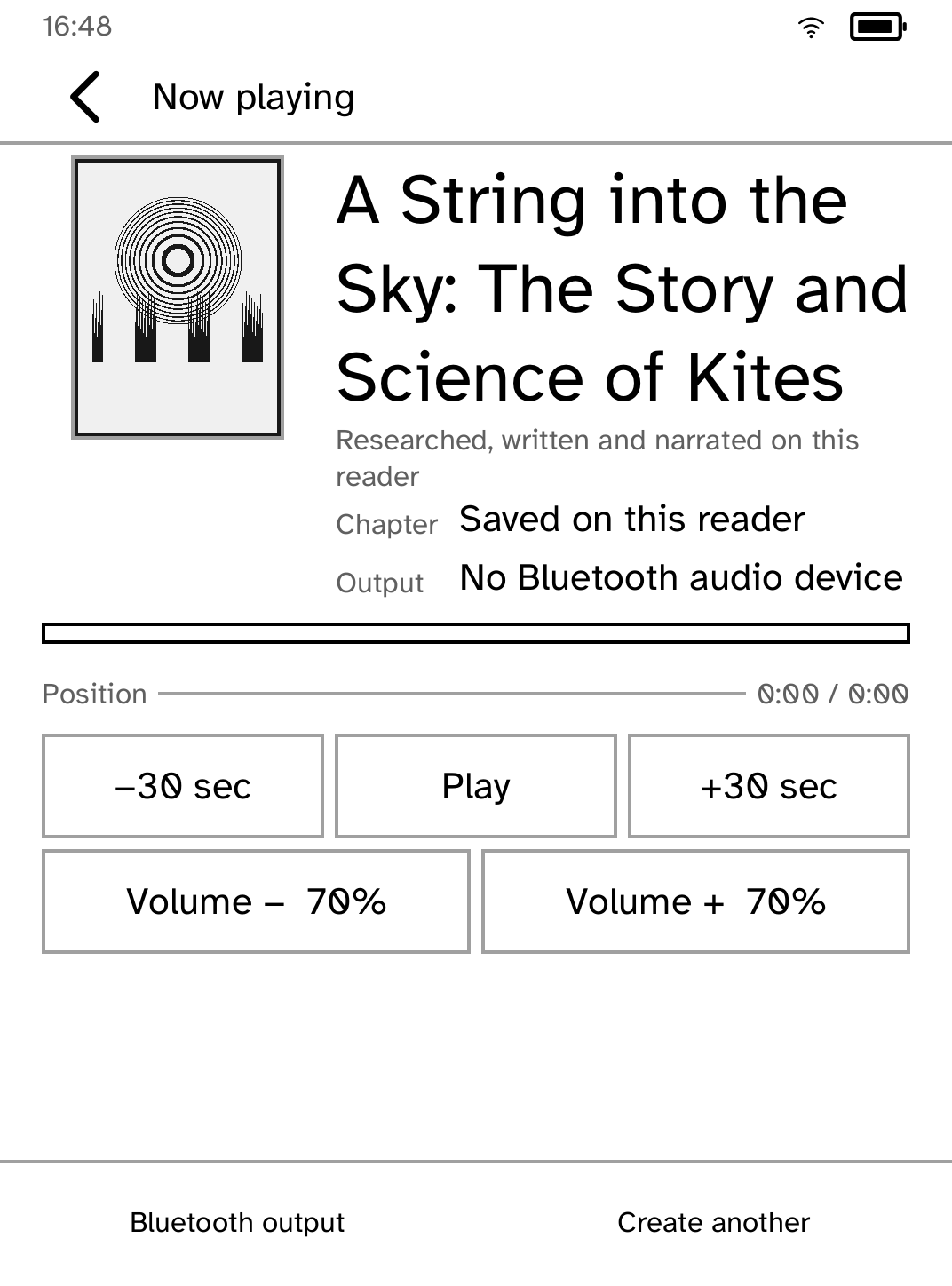 An audiobook player with cover art, position and transport controls on e-ink
