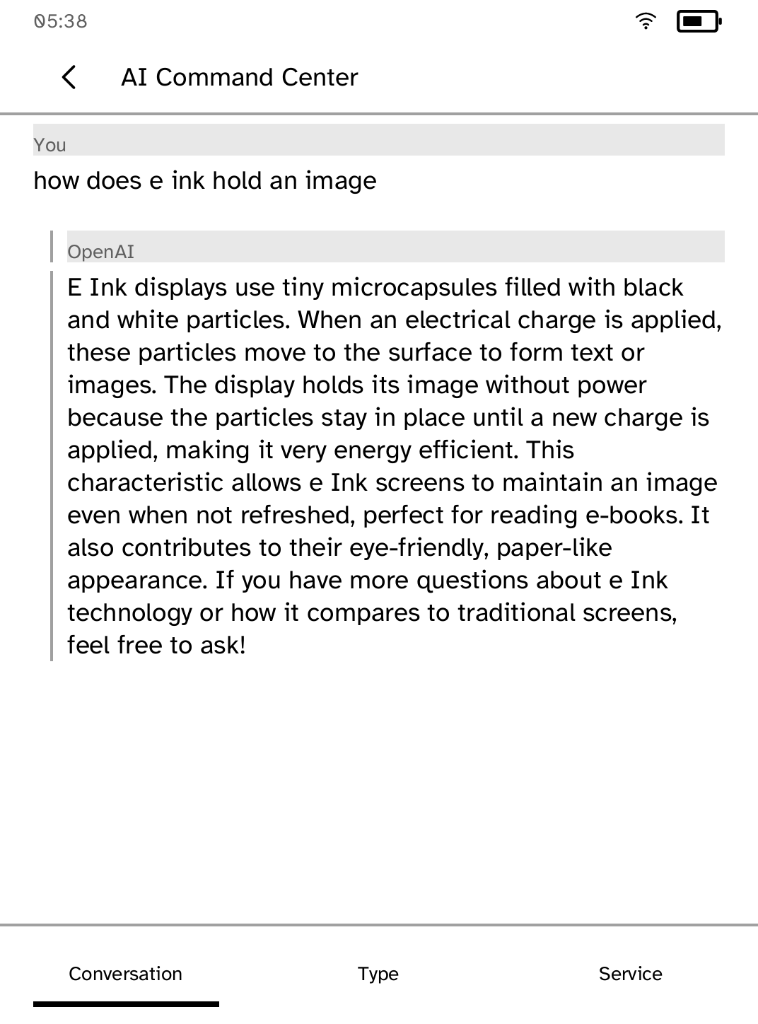 An AI answer displayed as readable text on the Kobo panel