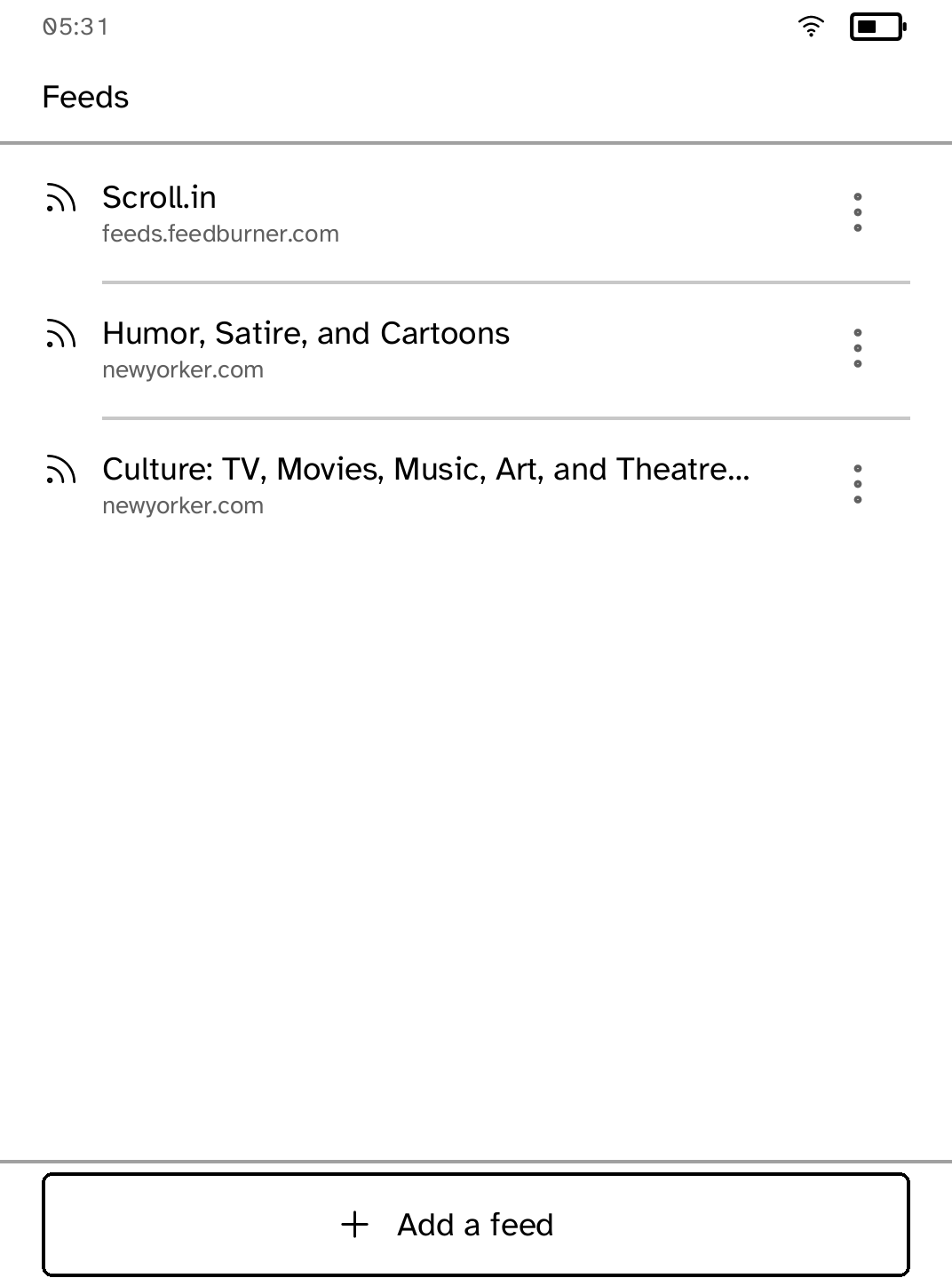Subscribed feeds and articles in the Feeds app