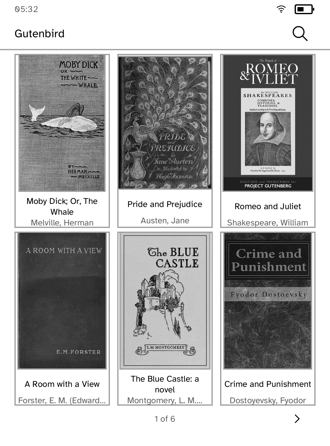 A shelf of book covers from an OPDS catalogue on a Kobo