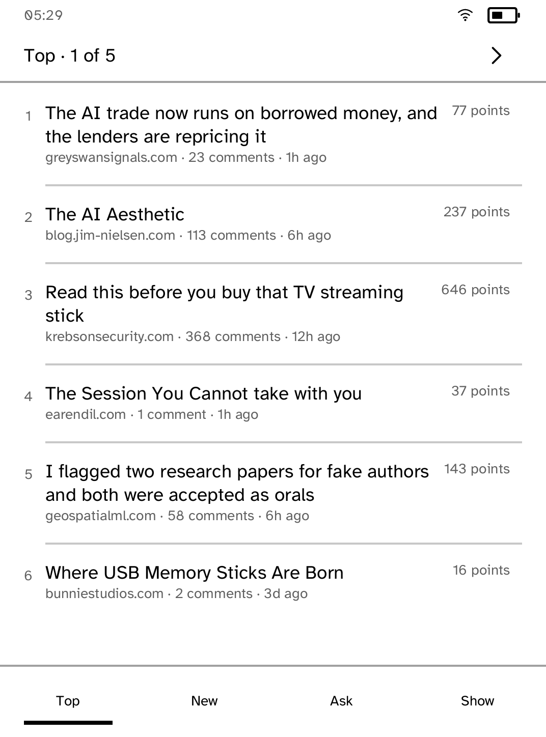 A ranked list of Hacker News stories on a Kobo e-reader