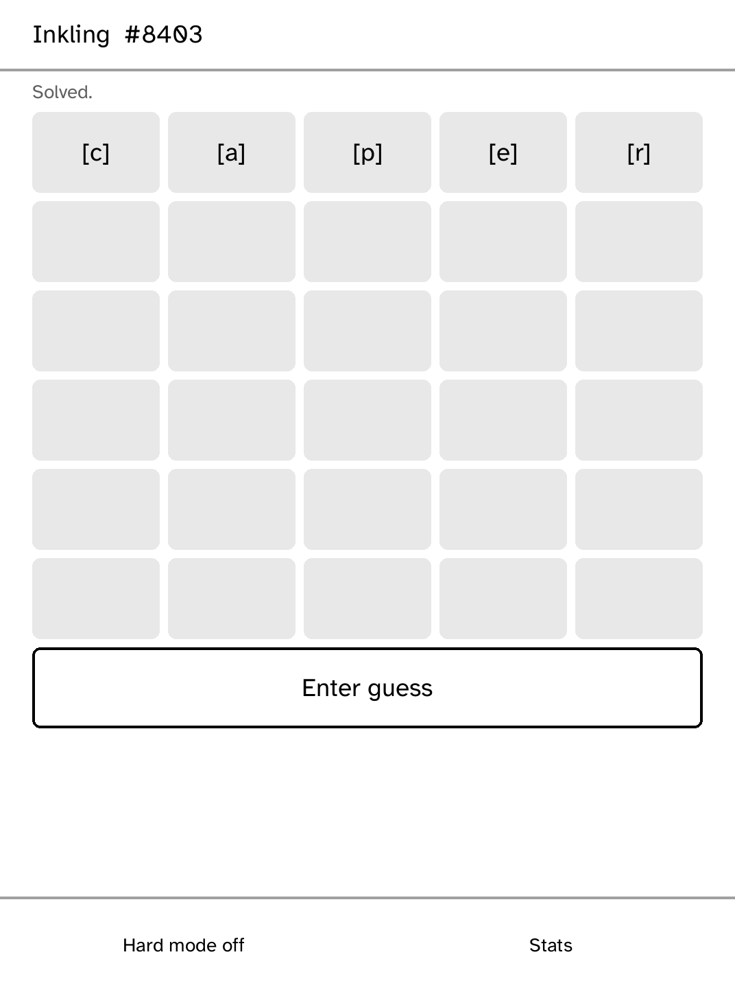 A solved Inkling five-letter daily puzzle with grayscale shape feedback.