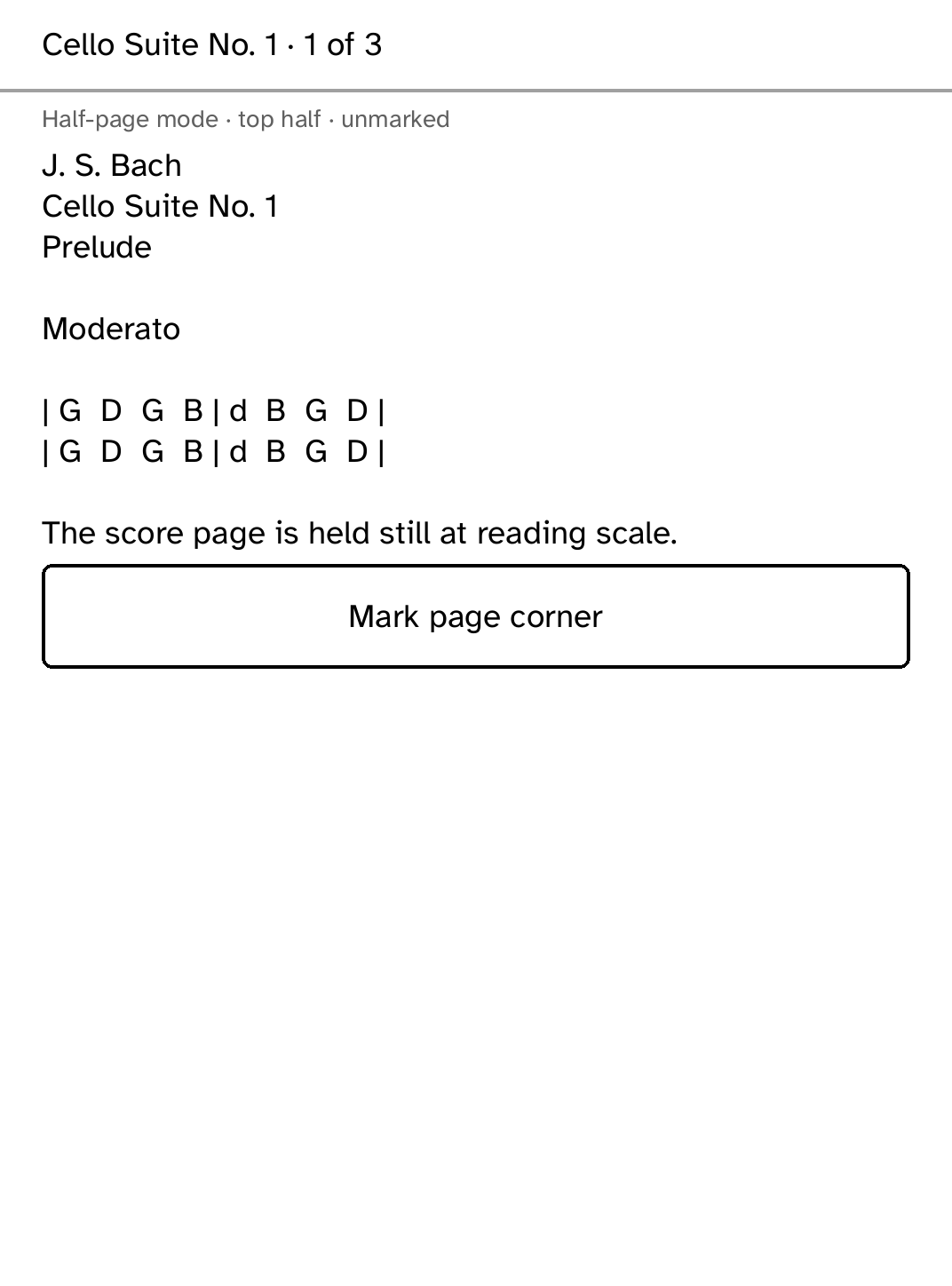 Music Stand showing a marked half-page score view for Bach's Cello Suite No. 1.