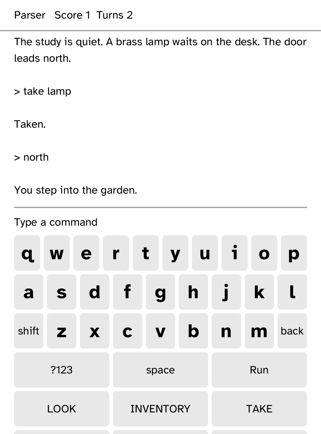 Parser's book-like transcript after taking a brass lamp and entering the garden.