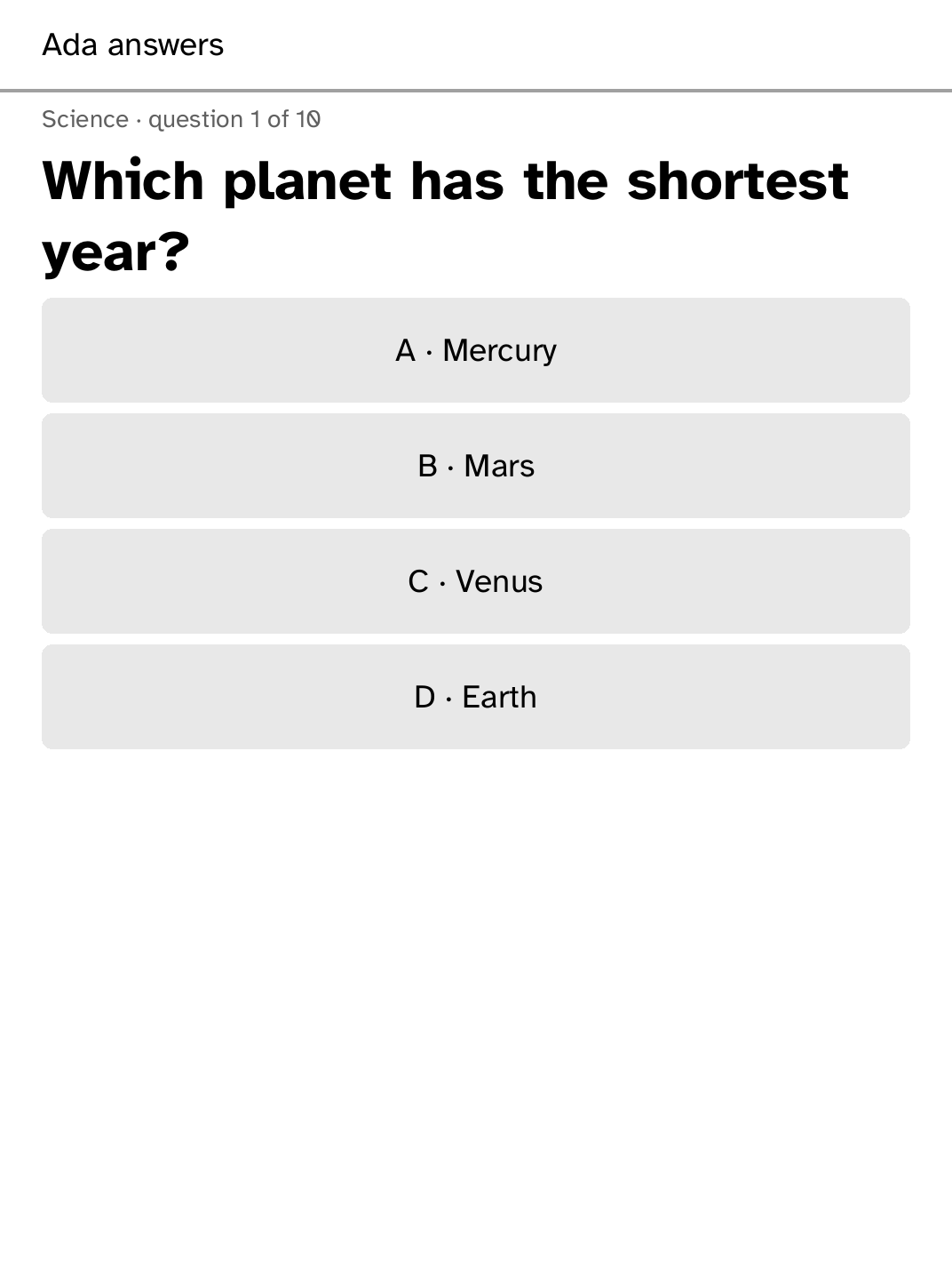 Pub Quiz pass-around question with four large answer choices for Ada.