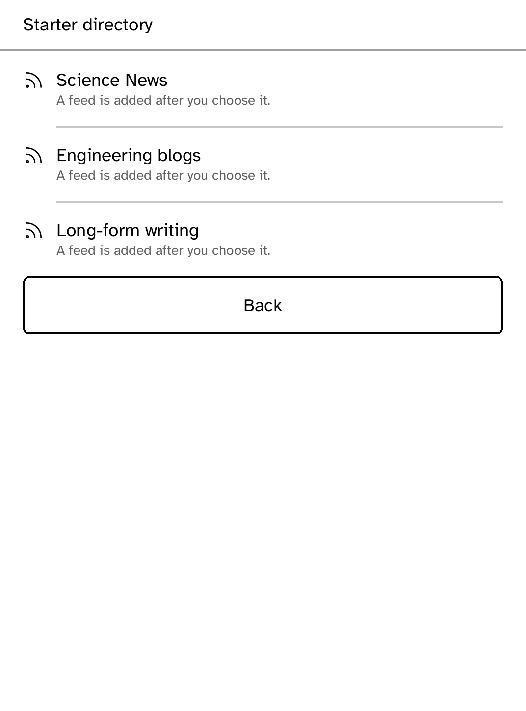 RSS Reader starter directory listing Science News, engineering blogs, and long-form writing.