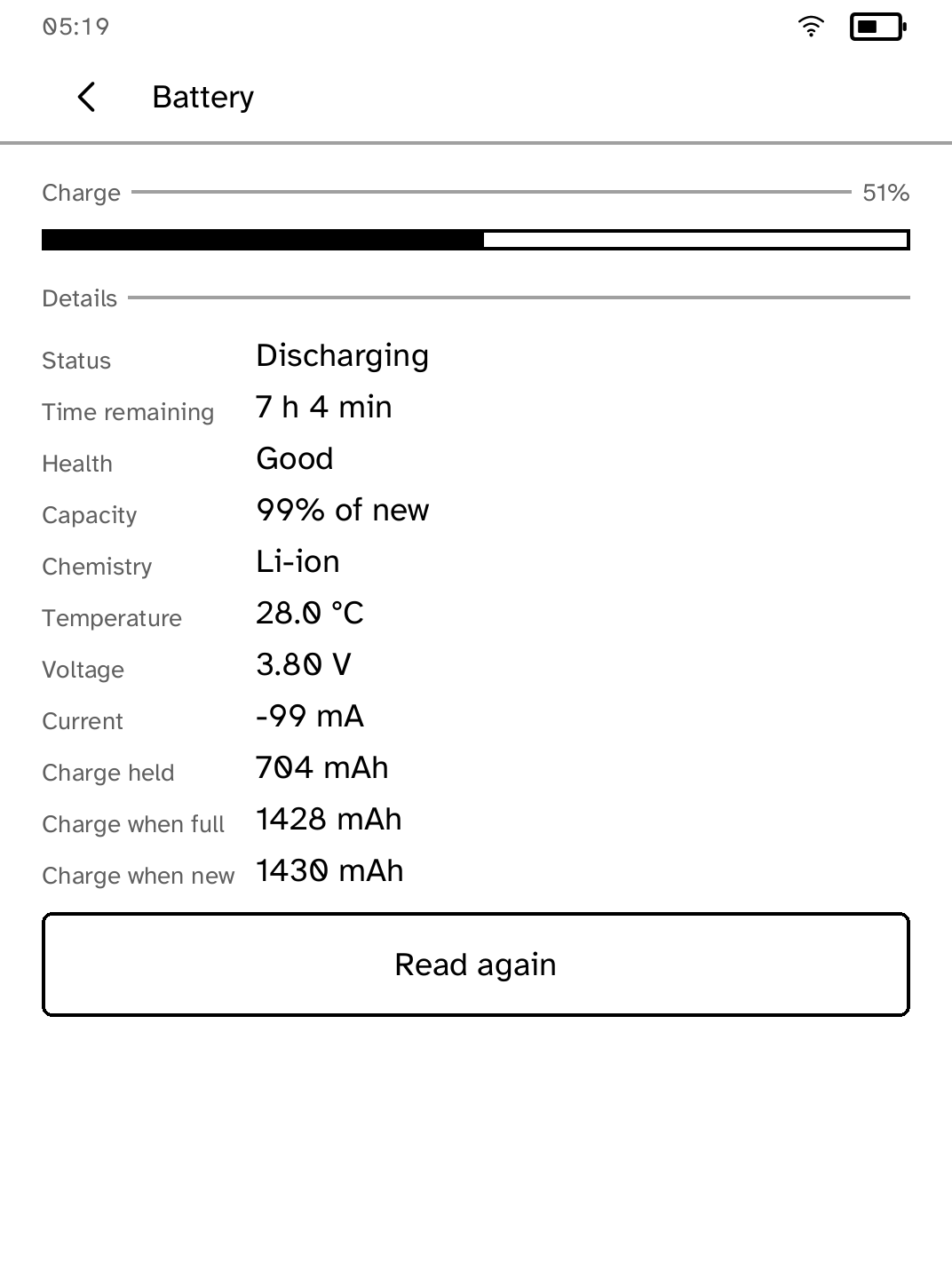 Battery status and hardware facts in Settings