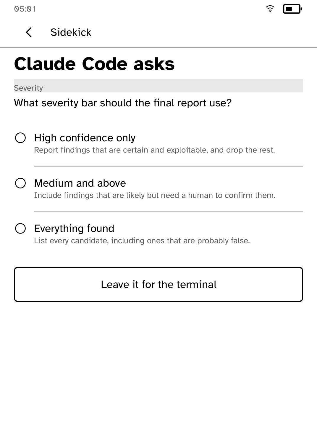A coding agent request with tappable responses in Sidekick
