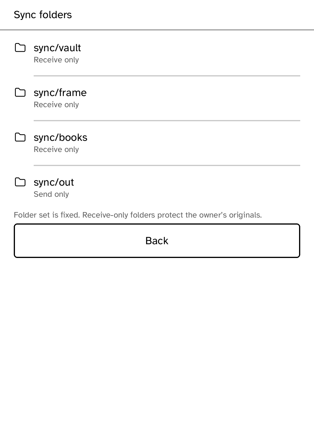Sync folders showing receive-only vault, frame, books, and send-only out.