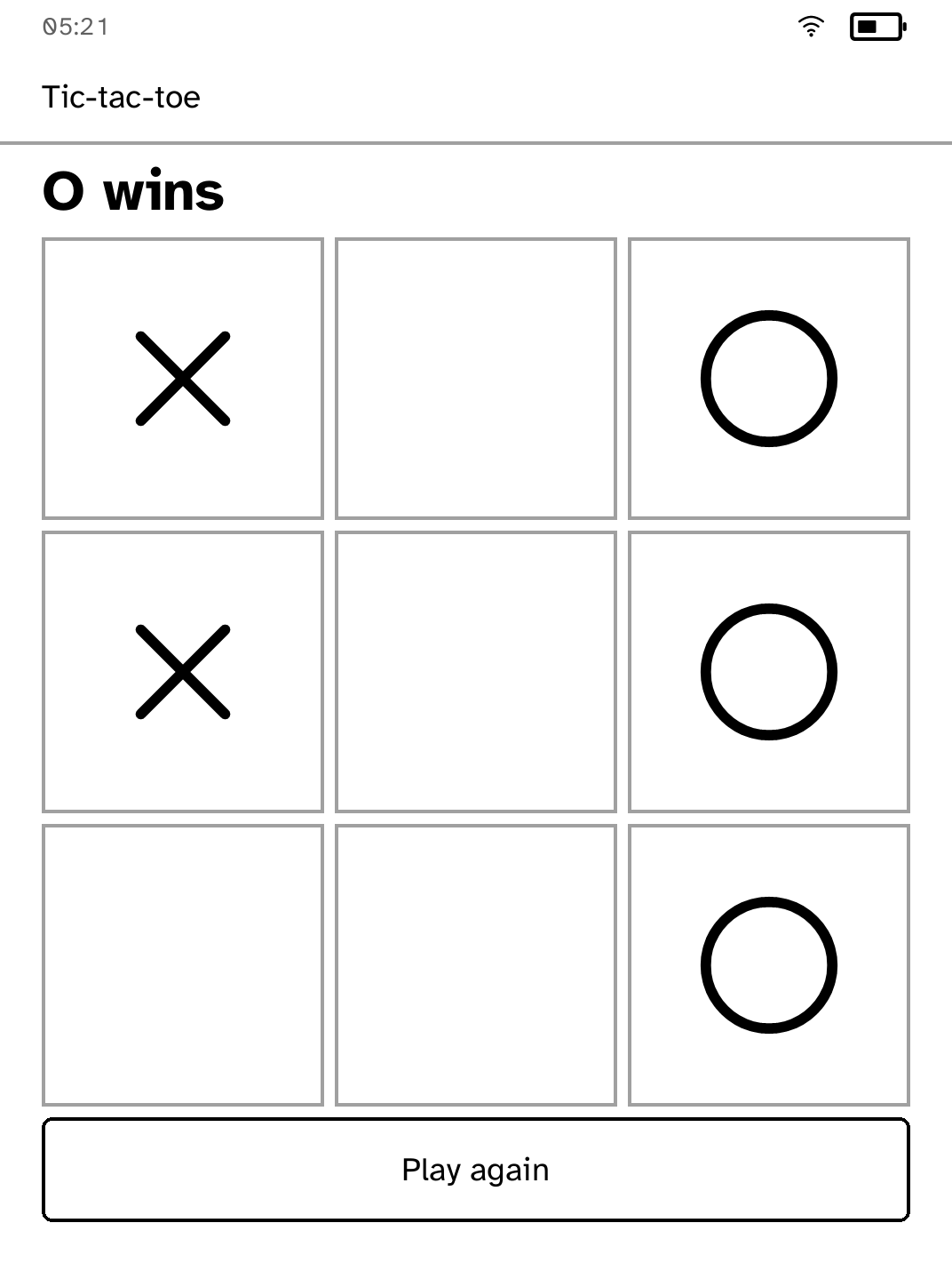 A completed game of tic-tac-toe on e-ink