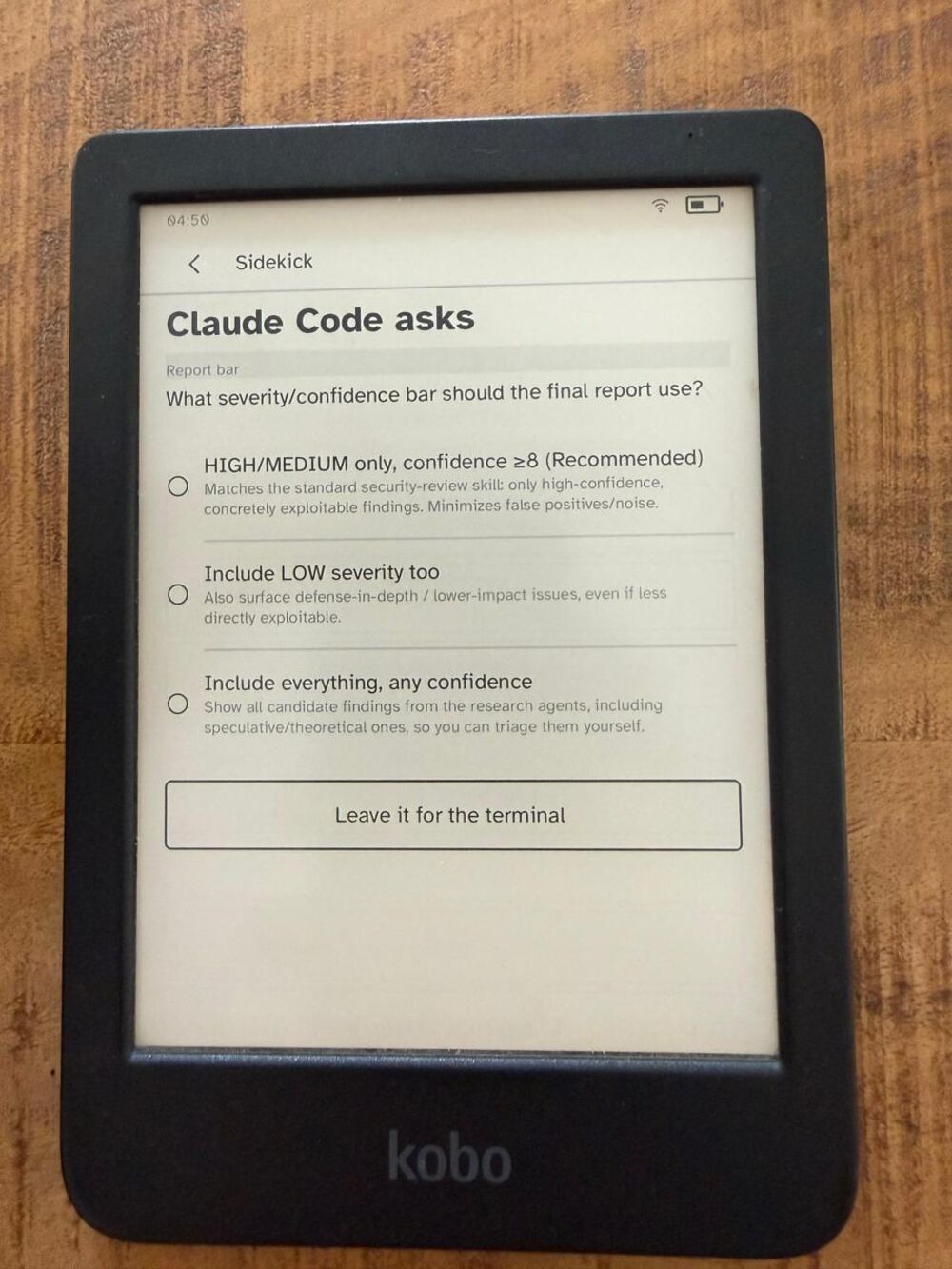 Sidekick on a Kobo showing a question from Claude Code with three tappable answers and a 'Leave it for the terminal' button