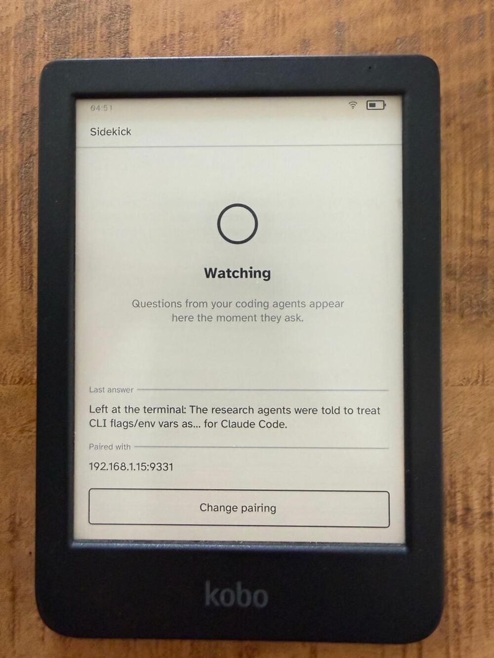 Sidekick's watching screen on a Kobo, paired with a machine on the local network, showing the last answer sent