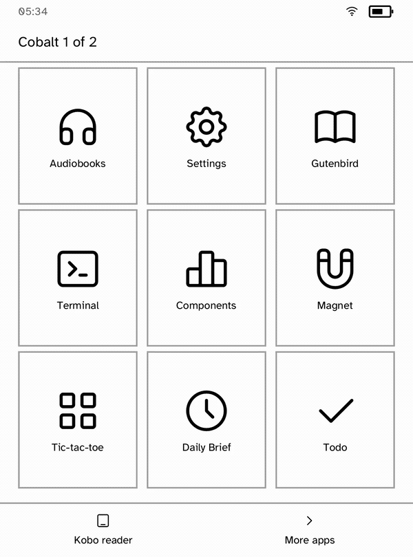 A Kobo Clara BW running Audiobook Studio, Gutenbird, Terminal, Hacker News, Sidekick and the App Store, then installing, playing, removing and reinstalling Sudoku over Wi-Fi